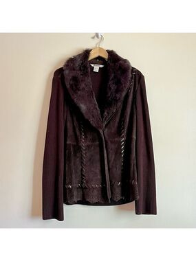 Nygard Collection Genuine Leather Sweater Jacket Rabbit Fur Collar Brown L Cabin